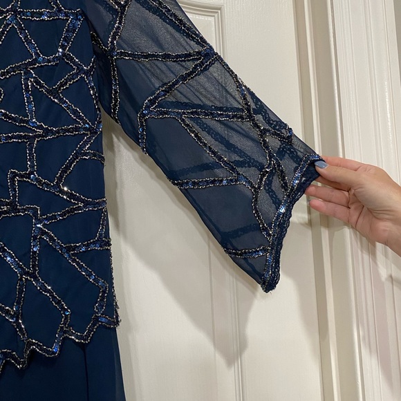 JKara navy gown Beaded asymmetrical bodice Fully lined chiffon skirt. size 14 - Picture 3 of 4